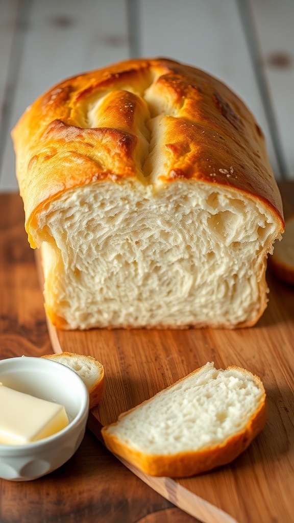 High Altitude Homemade Bread Recipe A golden brown loaf of homemade bread on a wooden board with slices cut, accompanied by butter.